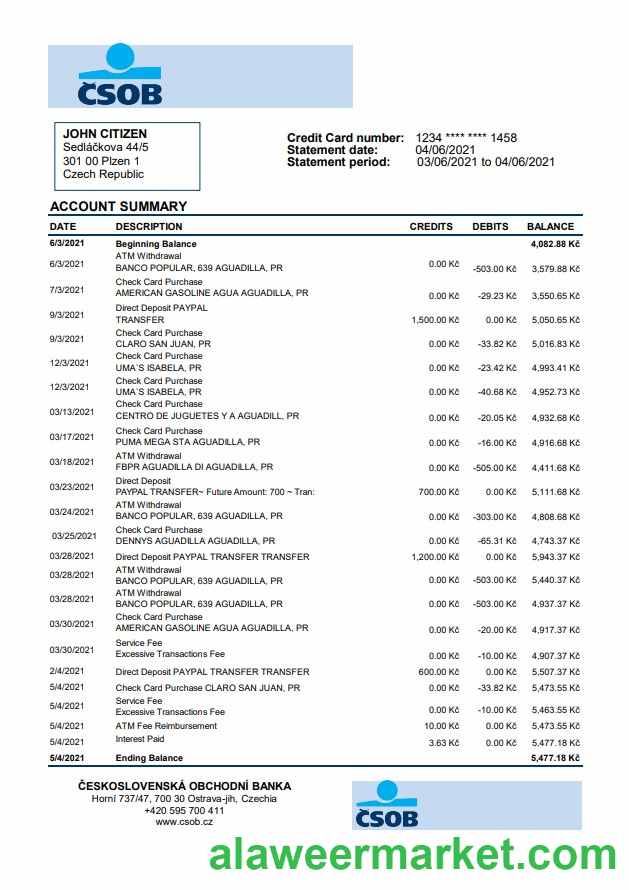 Czech Republic Ceskoslovenska Obchodni Banka bank statement easy to fill template in .xls and .pdf file format